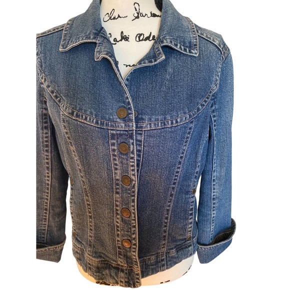 Women’s Live a Little Size Medium Denim Jacket Flattering Fitted Blazer Casual - Picture 3 of 8